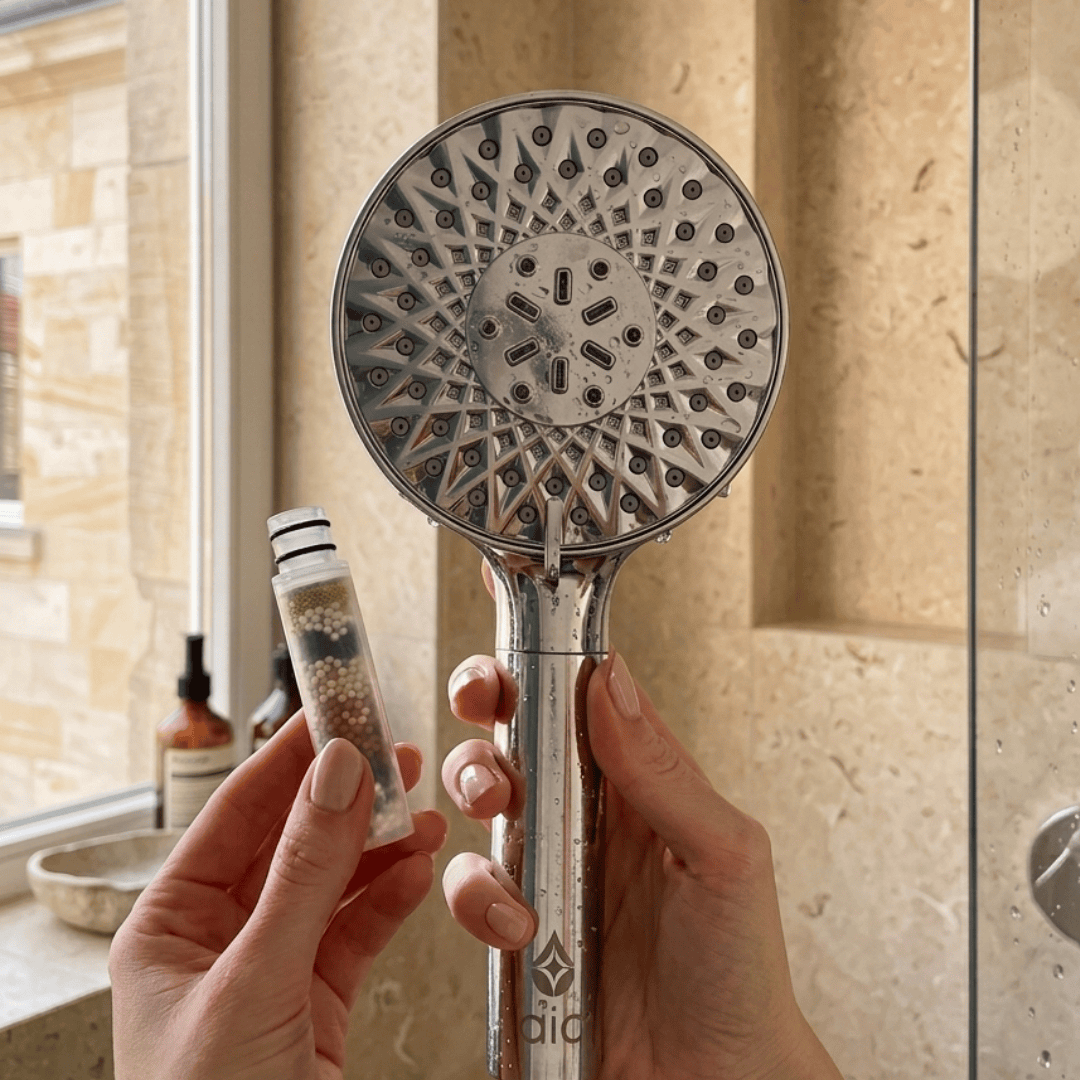Hände halten den Aia Pure Duschkopf in Chrom und eine Filterkartusche in einer Dusche
